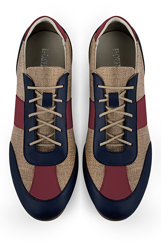 Navy blue, caramel brown and burgundy red three-tone dress sneakers for men. Round toe. Flat rubber soles. Top view - Florence KOOIJMAN